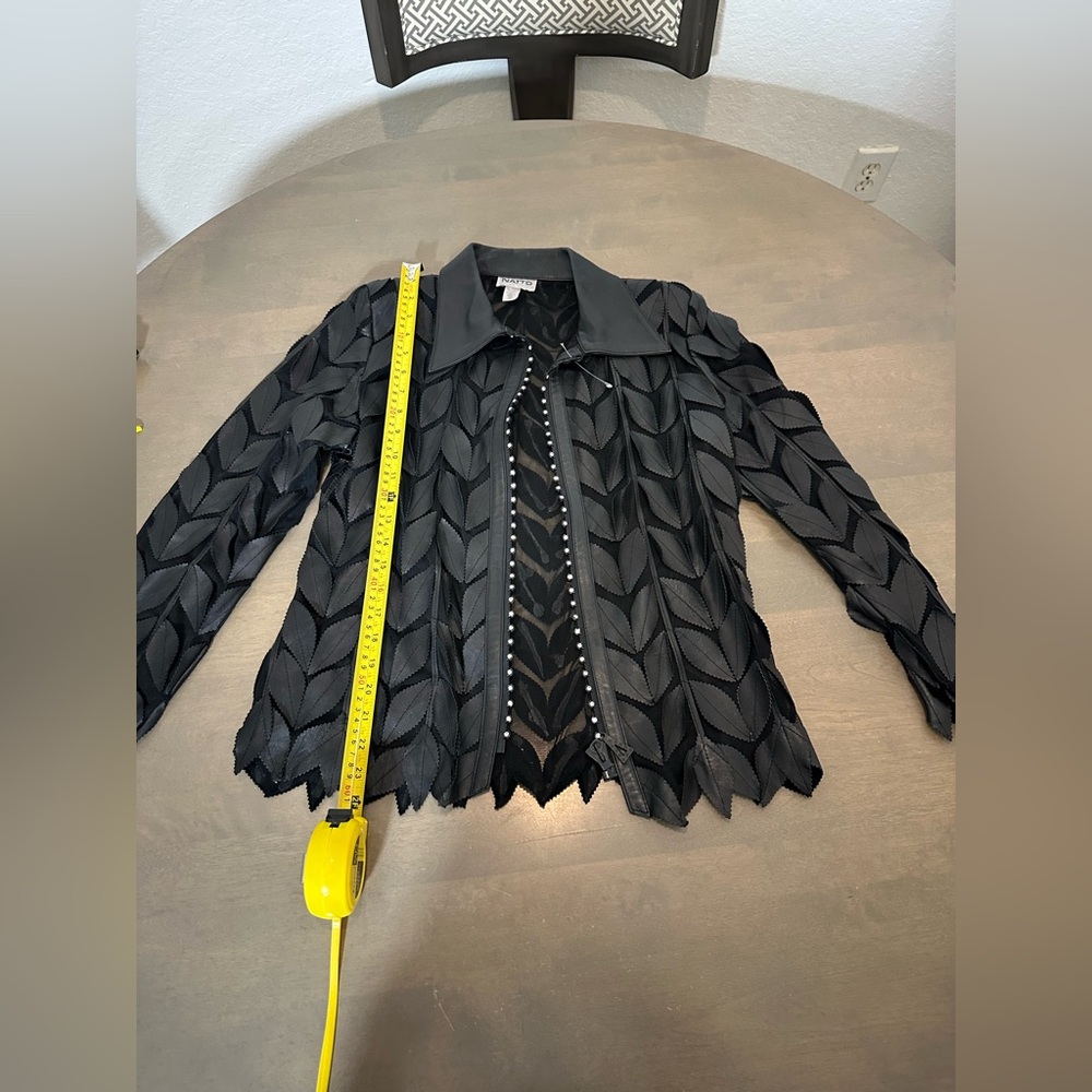 Chic Black Leaf Pattern Leather Jacket - image 3